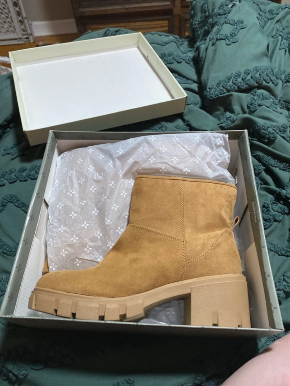 Women's Suede Chunky Heel Ankle Bootie - Camel